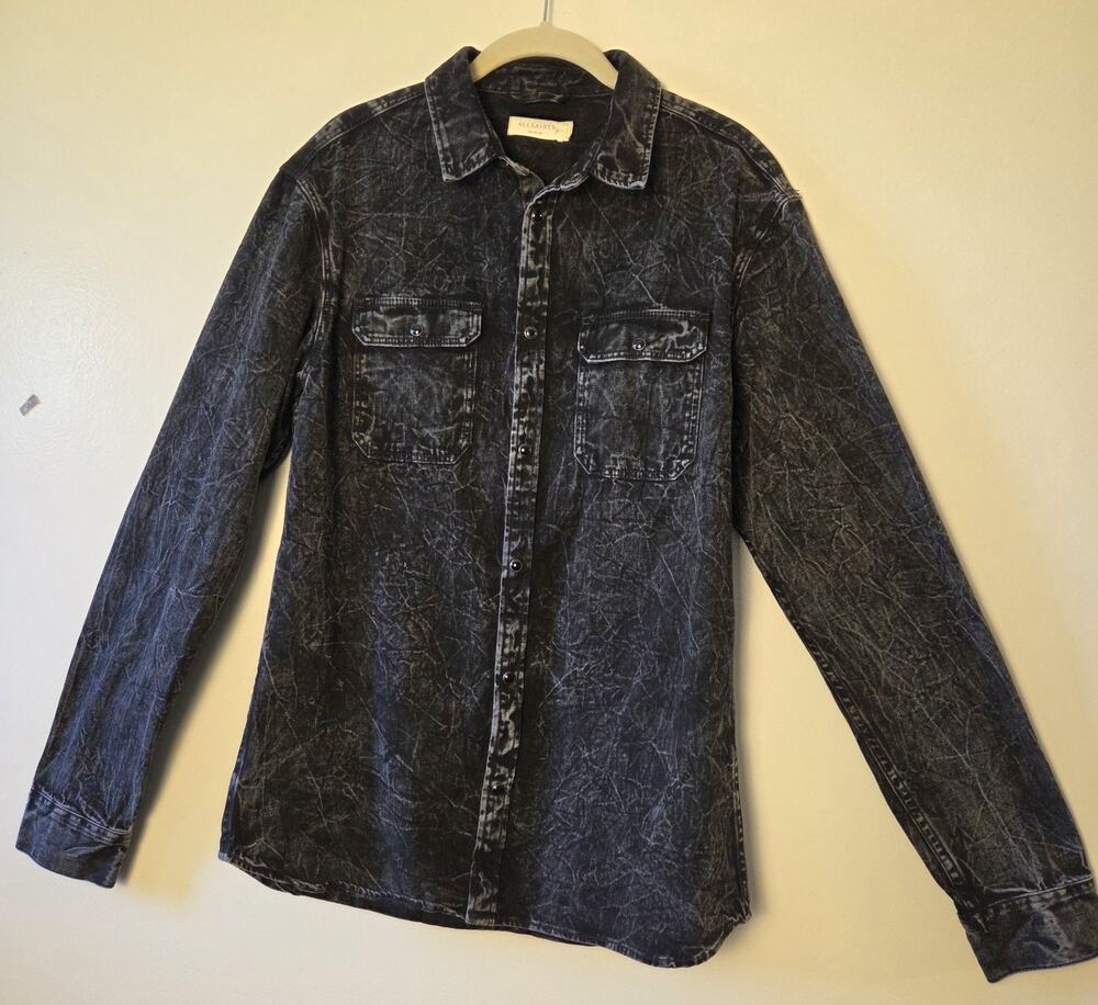 AllSaints Nokken Black Acid Wash Denim Button Up Long Sleeve Shirt Men's Size M